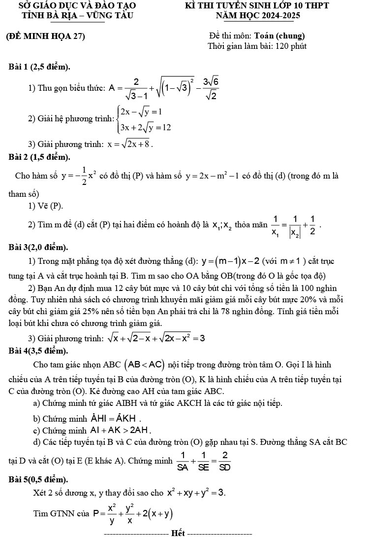 Đề thi thử vào 10 môn Toán 2024 - đề minh họa số 27