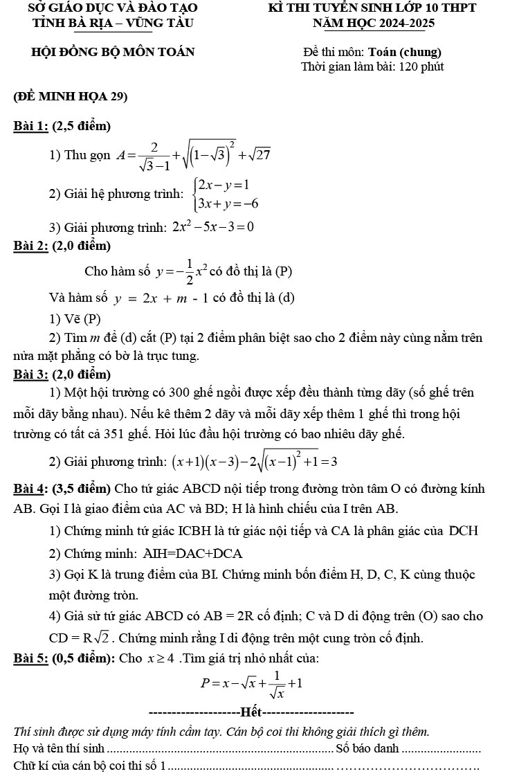 Đề thi thử tuyển sinh vào 10 môn Toán 2024 - đề minh họa số 29