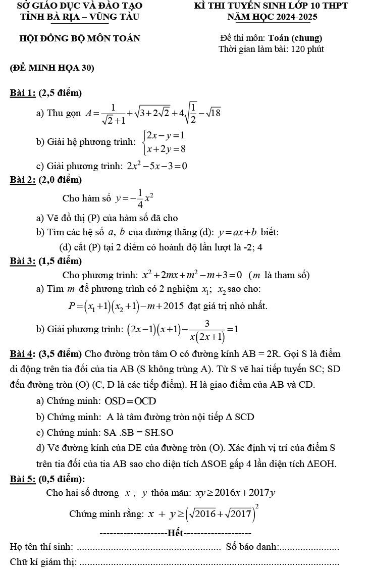 Đề thi thử vào 10 môn Toán 2024 - đề minh họa số 30