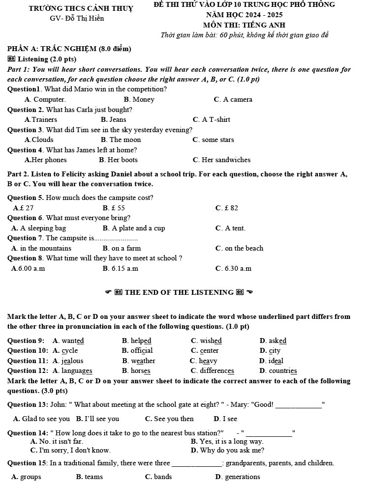Đề thi thử vào lớp 10 môn Tiếng Anh 2024 THCS Cảnh Thụy ảnh 1