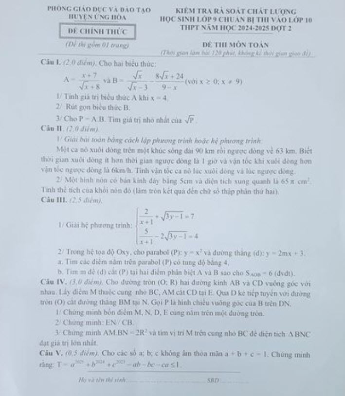 Đề thi thử vào lớp 10 môn Toán 2024 đợt 2 huyện Ứng Hòa