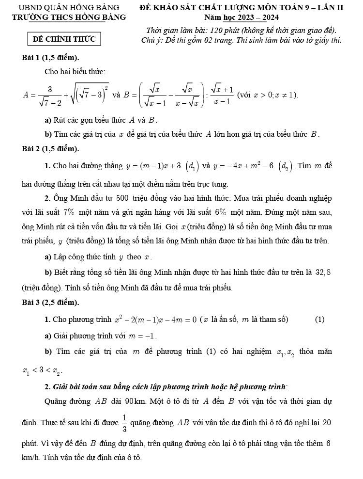 Đề thi KSCL môn Toán 9 lần 2 năm 2024 THCS Hồng Bàng ảnh 1