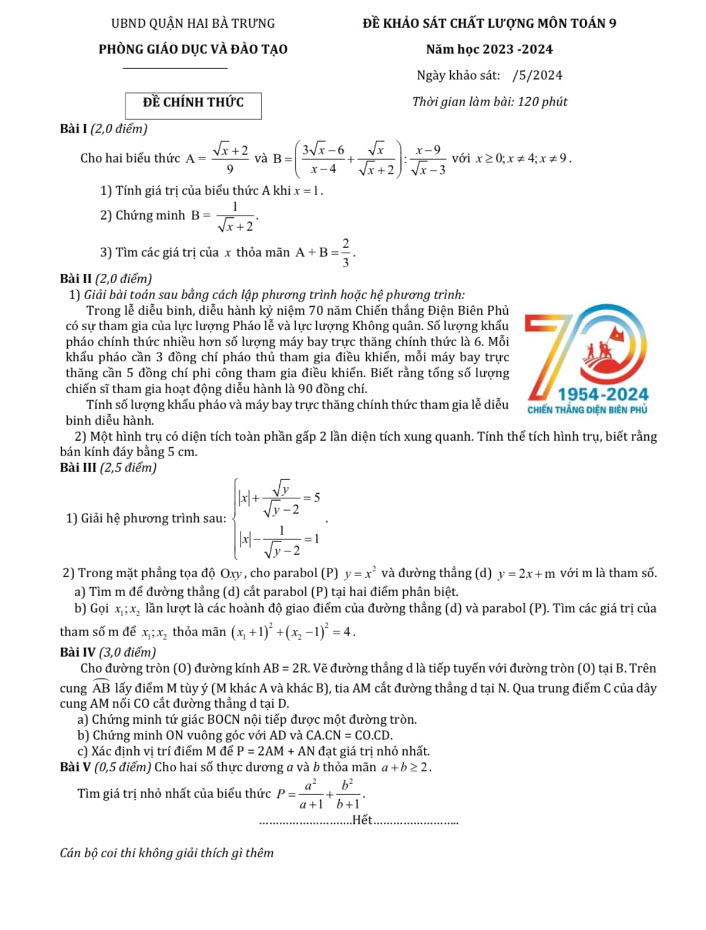 Đề khảo sát chất lượng môn Toán 9 2024 quận Hai Bà Trưng