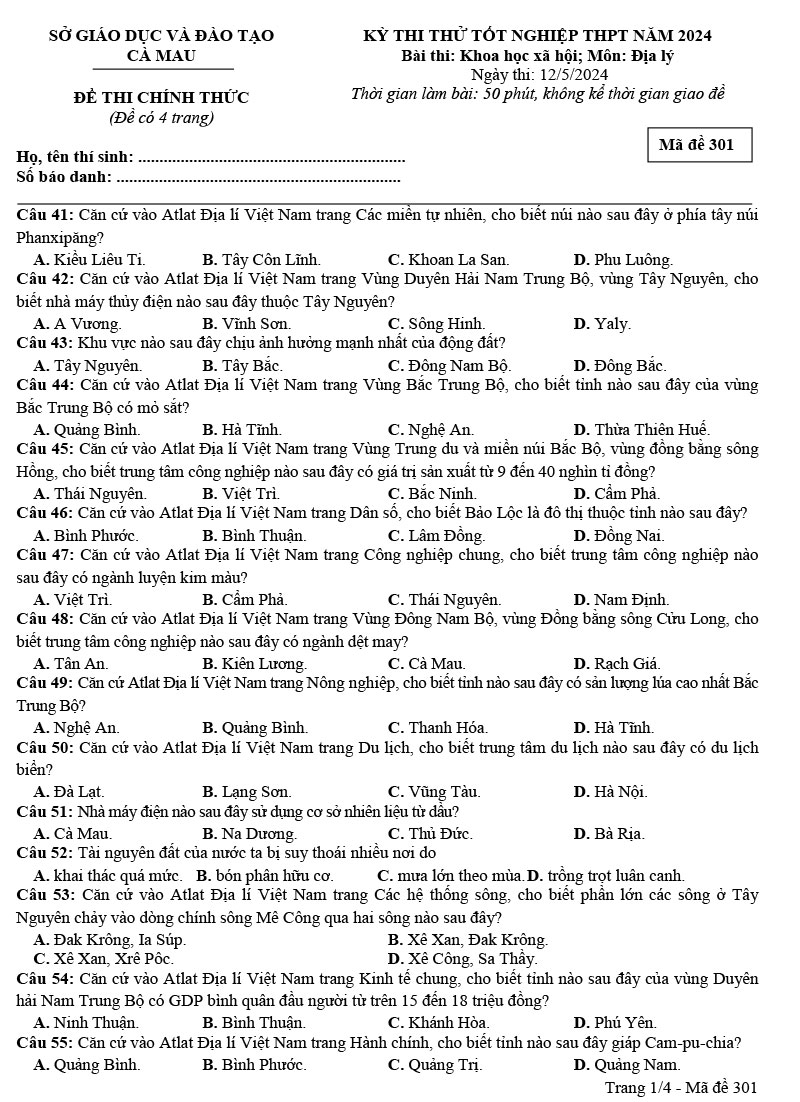 Đề thi thử tốt nghiệp môn Địa 2024 Sở GD Cà Mau trang 1