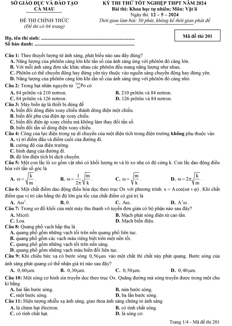 Đề thi thử tốt nghiệp môn lý 2024 sở GD Cà Mau trang 1