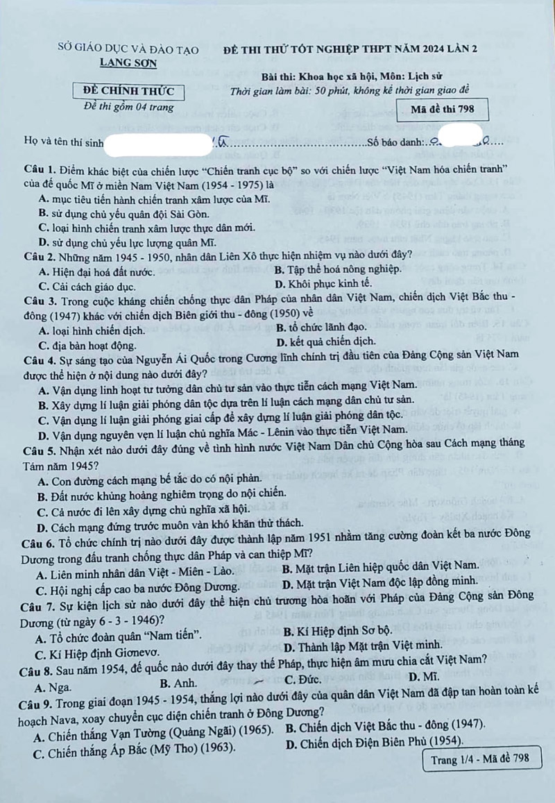 Đề thi thử môn sử tốt nghiệp THPT 2024 Lạng Sơn lần 2 trang 1
