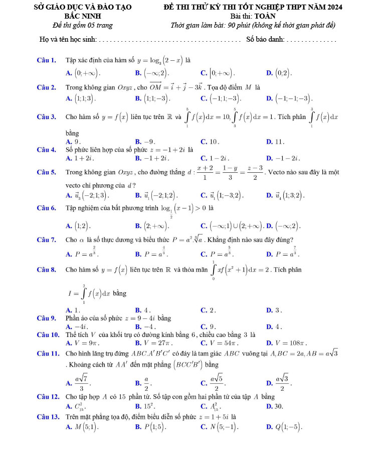 Đề thi thử tốt nghiệp THPT 2024 môn toán Sở Bắc Ninh ảnh 1