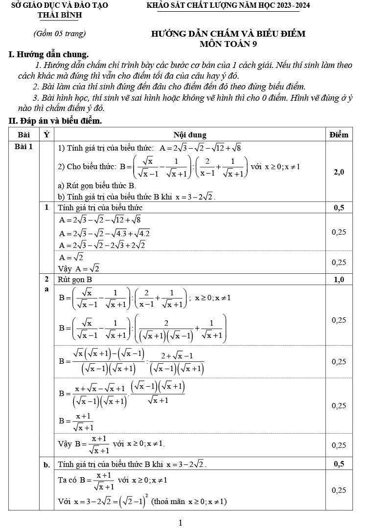 Đáp án đề KSCL môn Toán lớp 9 năm 2024 Sở Thái Bình ảnh 1