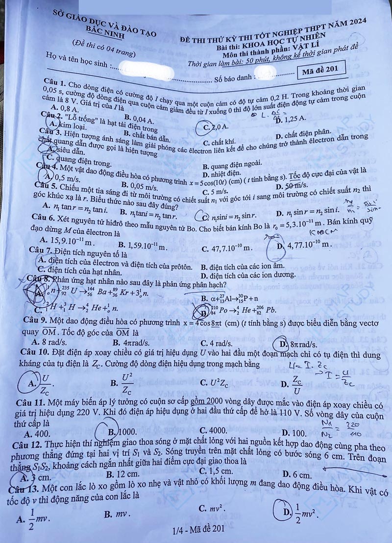 Đề thi thử tốt nghiệp môn lý 2024 Sở GD Bắc Ninh trang 1