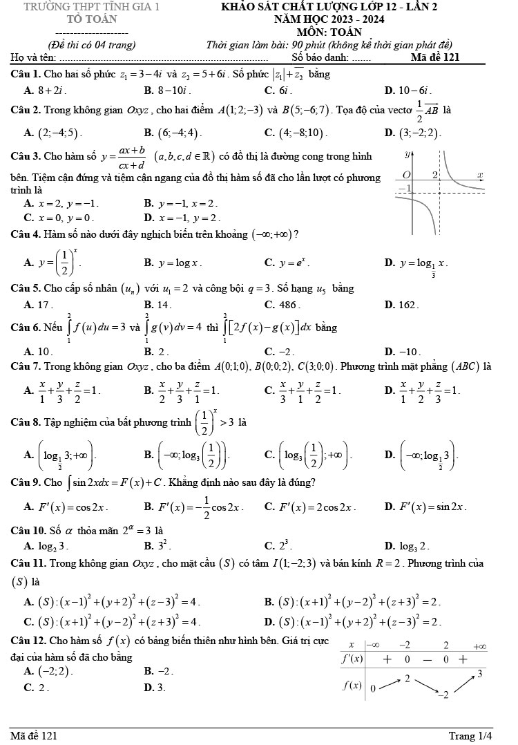 Đề khảo sát Toán 12 lần 2 năm 2024 trường THPT Tĩnh Gia 1 ảnh 1