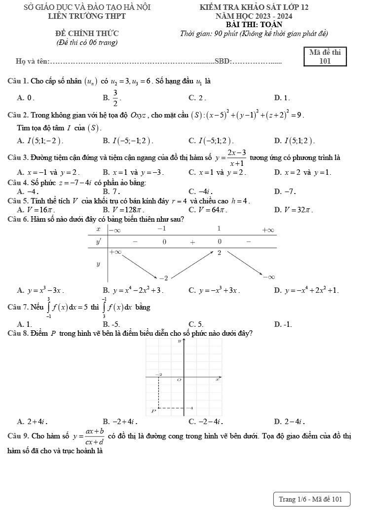 Đề khảo sát Toán 12 năm 2023 – 2024 liên trường THPT Hà Nội ảnh 1
