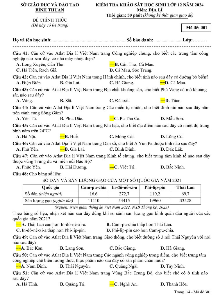 Đáp án đề thi thử tốt nghiệp môn Địa 2024 Sở Bình Thuận ảnh 1