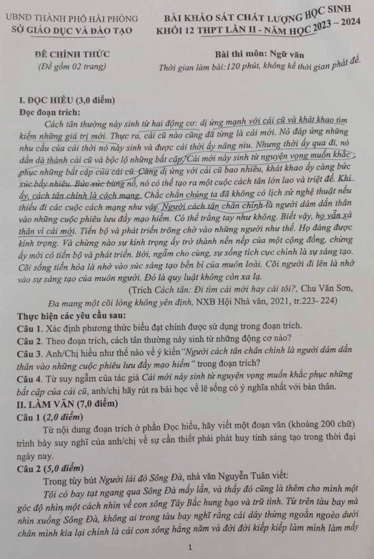 Đề khảo sát chất lượng lần 2 môn Văn năm 2024 Sở Hải Phòng ảnh 1