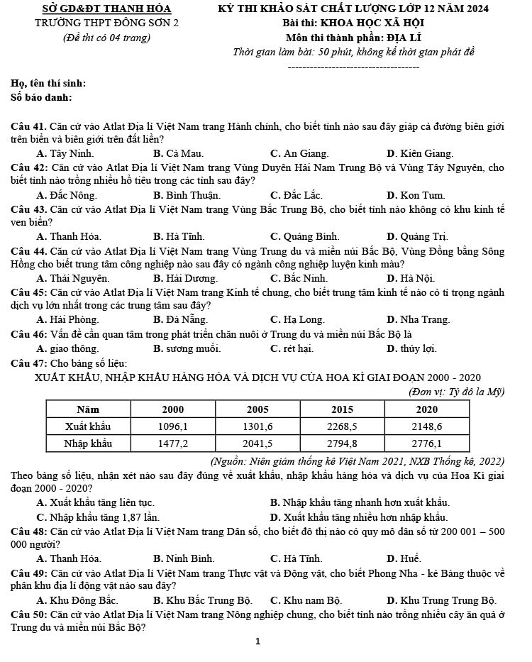 đề thi thử tốt nghiệp môn Địa của trường THPT Đông Sơn 2 ảnh 1