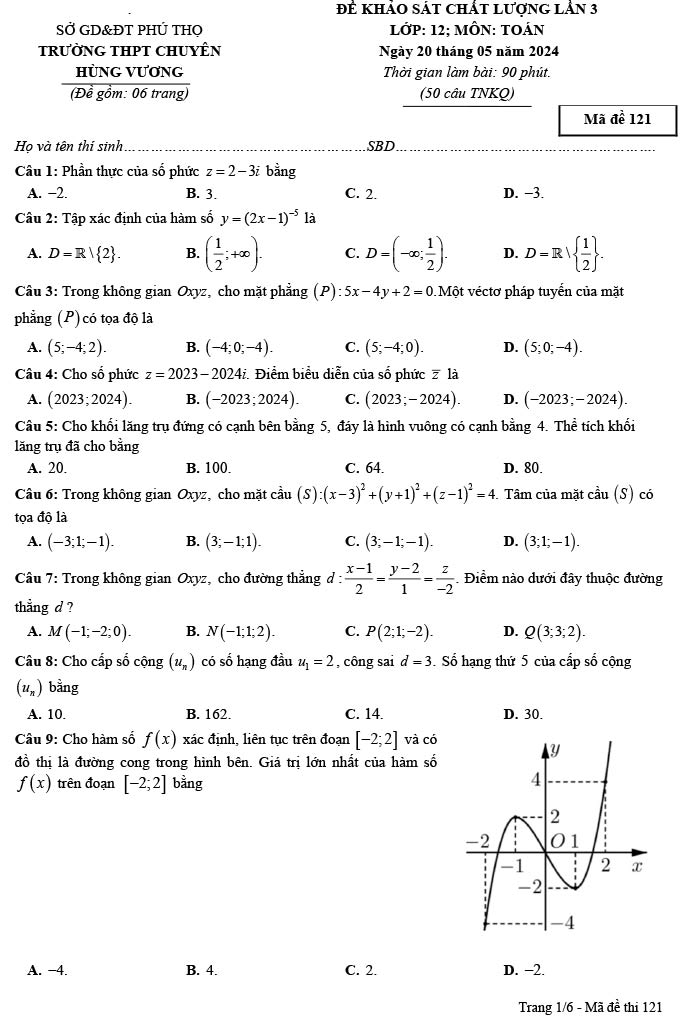 Đề khảo sát Toán 12 năm 2023 – 2024 lần 3 THPT chuyên Hùng Vương ảnh 1