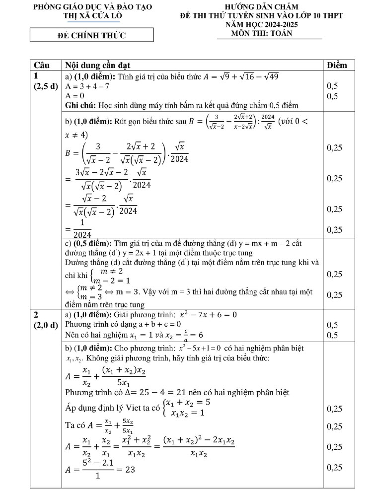 Đề thi thử tuyển sinh vào 10 môn Toán 2024 Cửa Lò ảnh 2