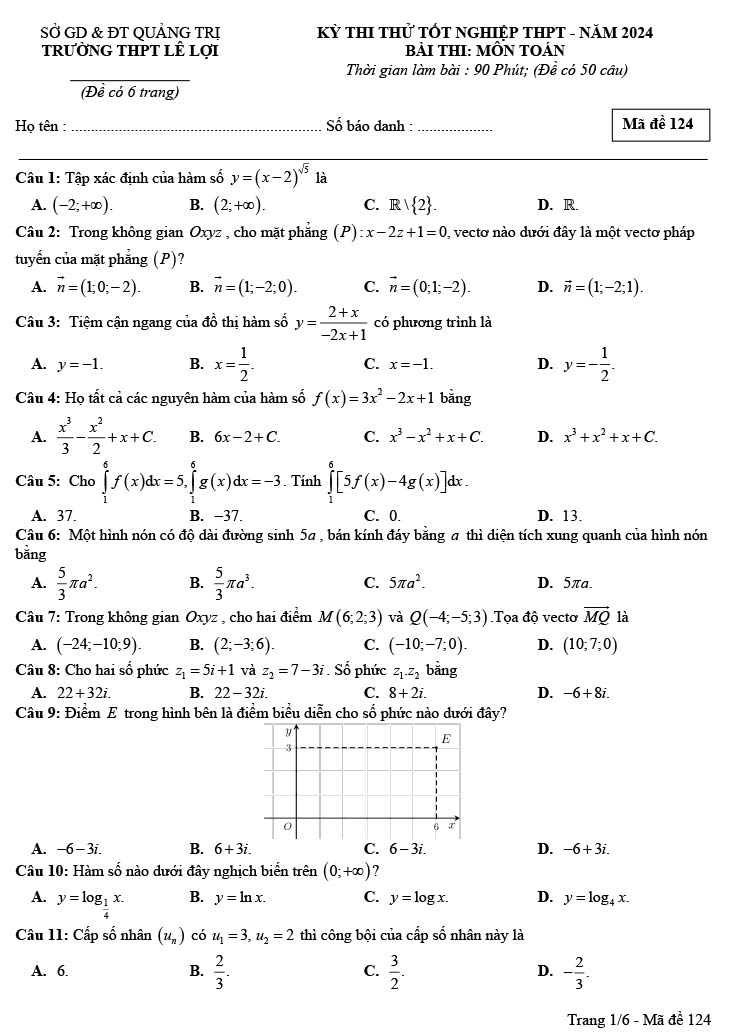 đề thi thử tốt nghiệp môn toán 2024 của THPT Lê Lợi ảnh 1