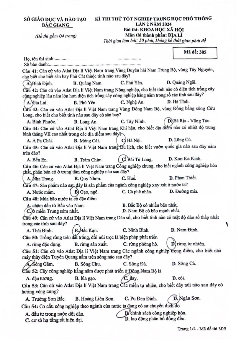 Đề thi thử tốt nghiệp môn địa 2024 sở Bắc Giang lần 2 trang 1