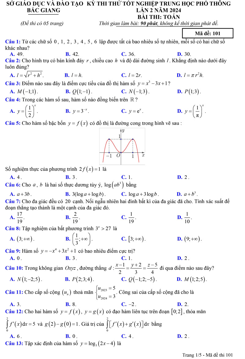 Đề thi thử tốt nghiệp môn toán 2024 Bắc Giang lần 2 trang 1