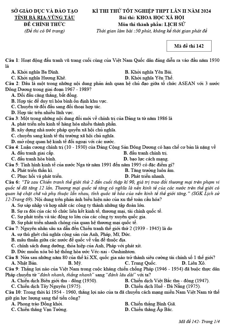 Đề thi thử tốt nghiệp THPT môn Sử lần 2 sở Bà Rịa - Vũng Tàu ảnh 1