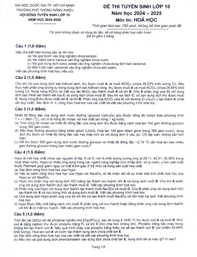 Đề thi chuyên hóa lớp 10 PTNK năm học 2024 ảnh 1