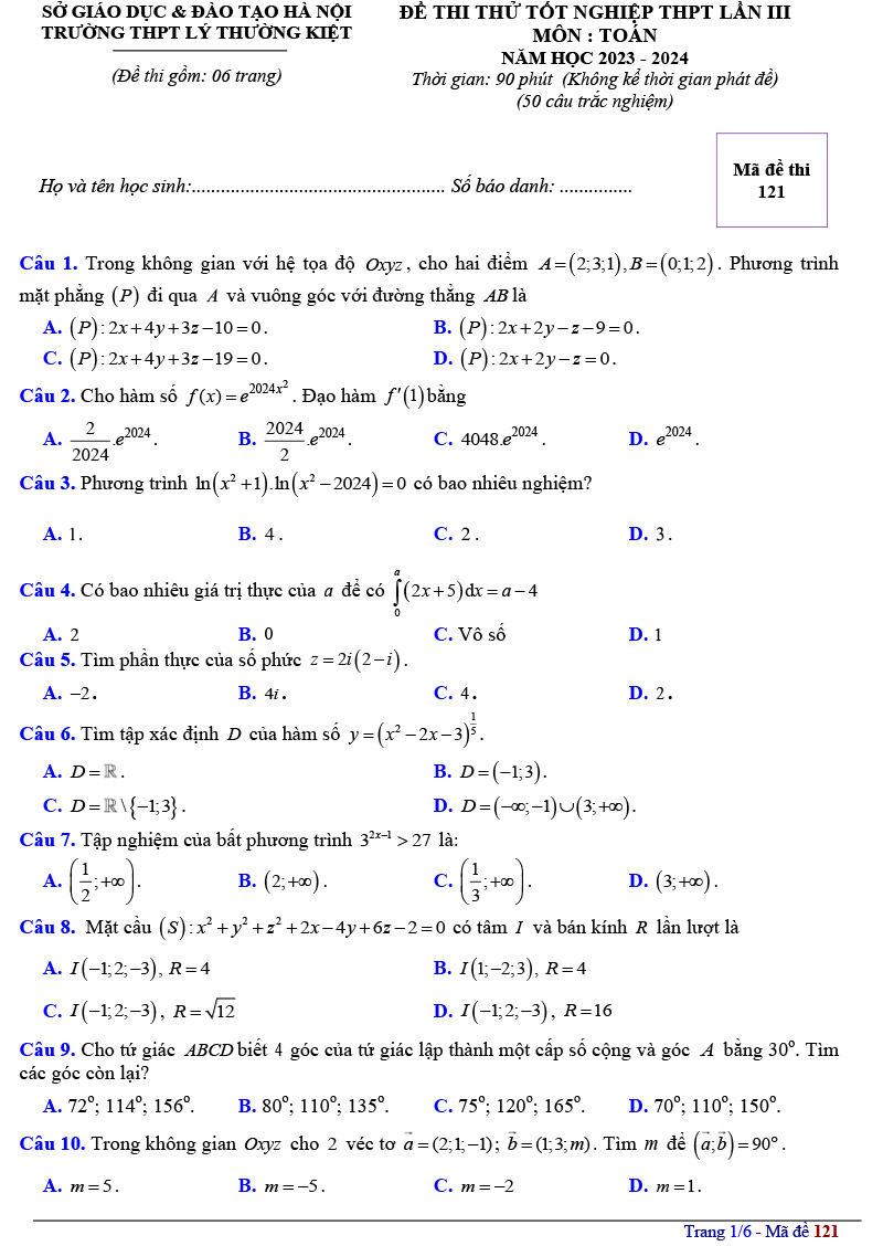 Đề thi thử tốt nghiệp môn Toán 2024 THPT Lý Thường Kiệt trang 1
