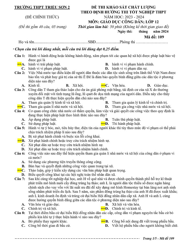 Đề thi thử tốt nghiệp môn GDCD 2024 THPT Triệu Sơn 2 ảnh 1