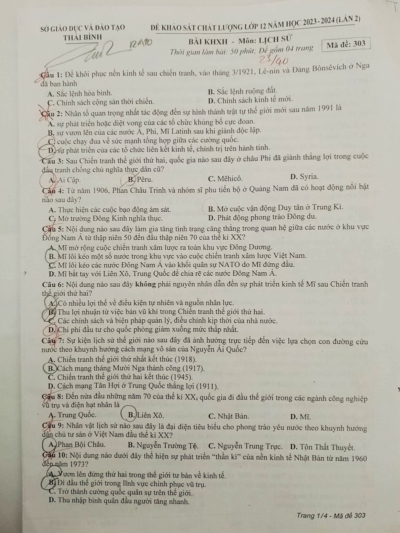 Đề thi thử tốt nghiệp môn Sử 2024 Thái Bình lần 2 trang 1