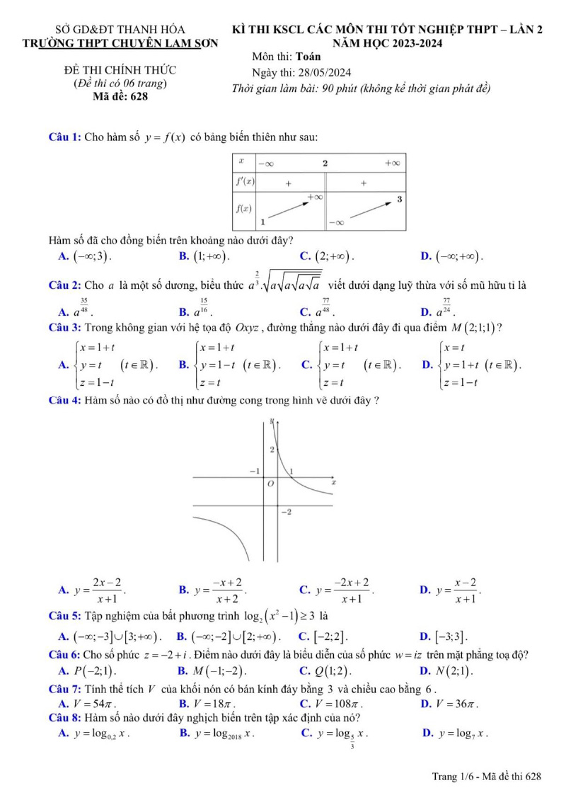 Đề thi thử tốt nghiệp môn toán 2024 chuyên Lam Sơn lần 2 trang 1