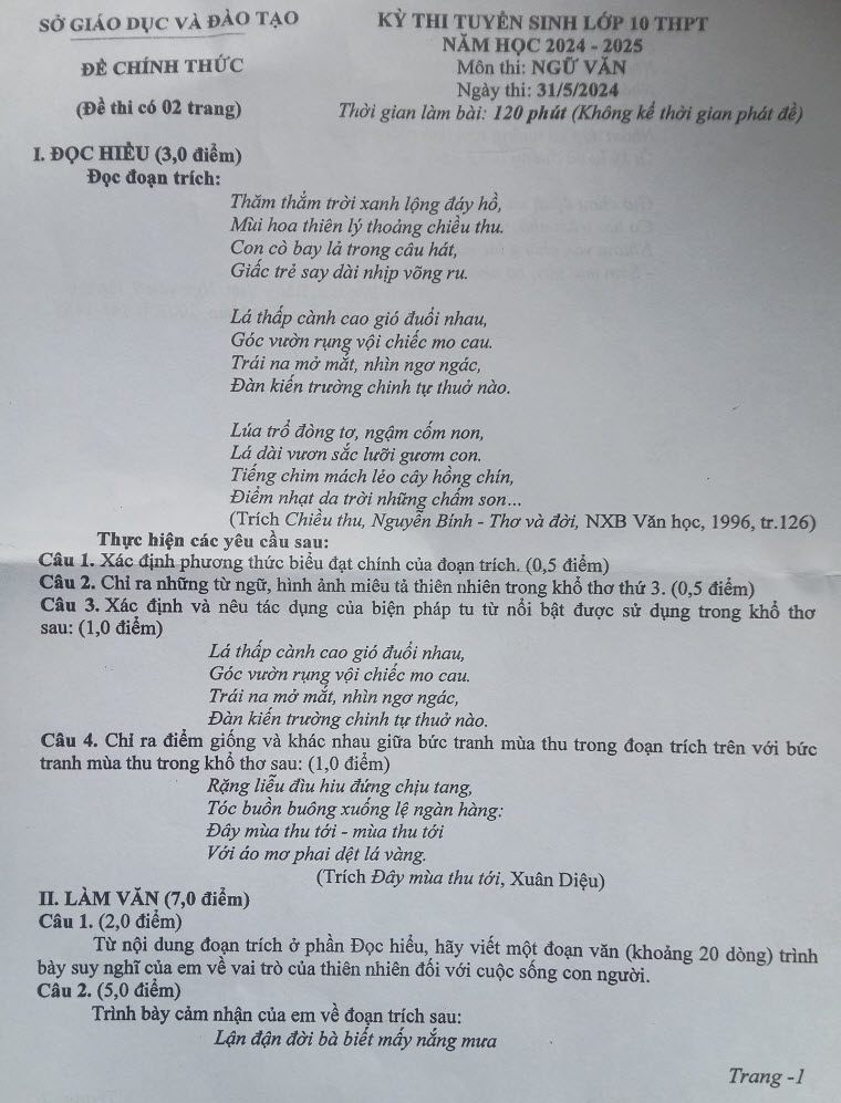 đề thi vào lớp 10 môn Văn Bình Dương 2024 ảnh 1