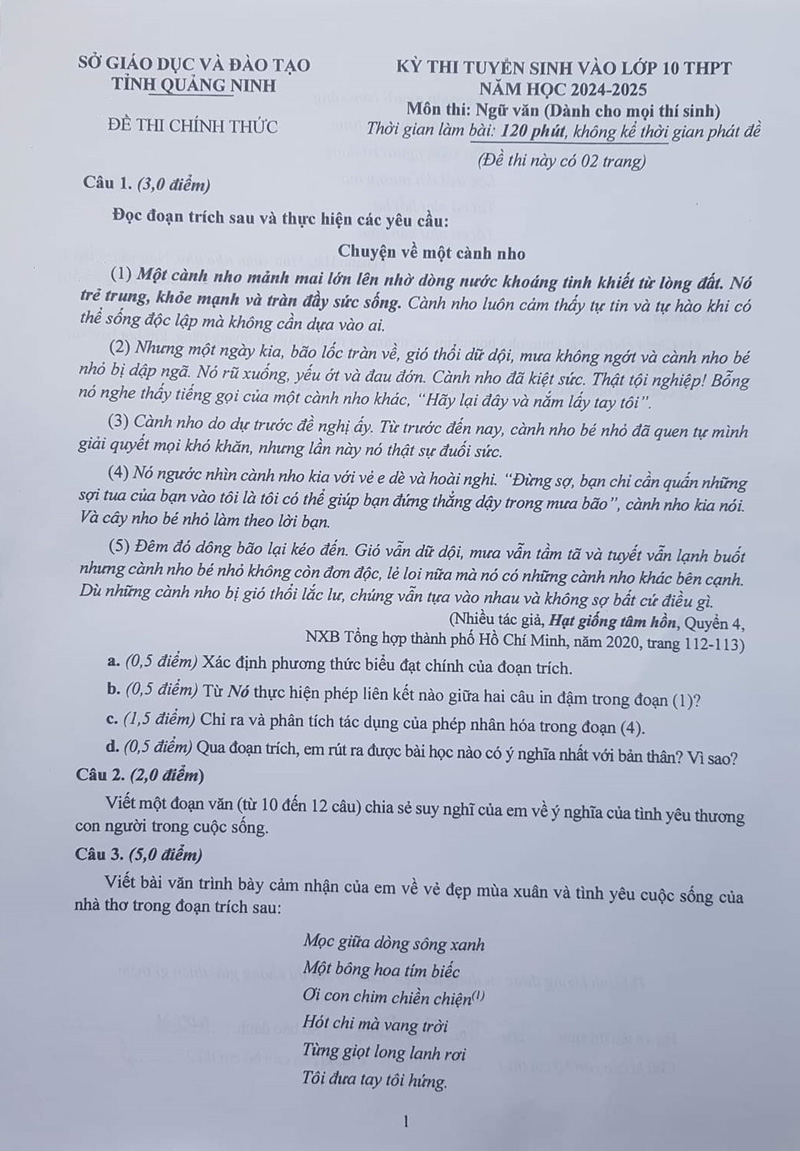 đề thi vào lớp 10 môn văn Quảng Ninh năm học 2024-2025 trang 1