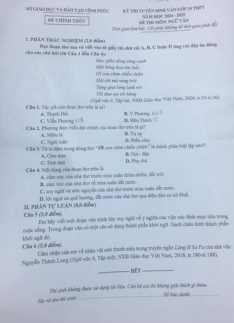 đề thi tuyển sinh vào lớp 10 môn văn Vĩnh Phúc năm học 2024 - 2025
