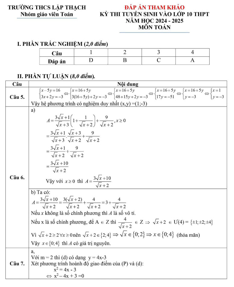 Đáp án đề thi vào lớp 10 môn toán tỉnh Vĩnh Phúc 2024 ảnh 1