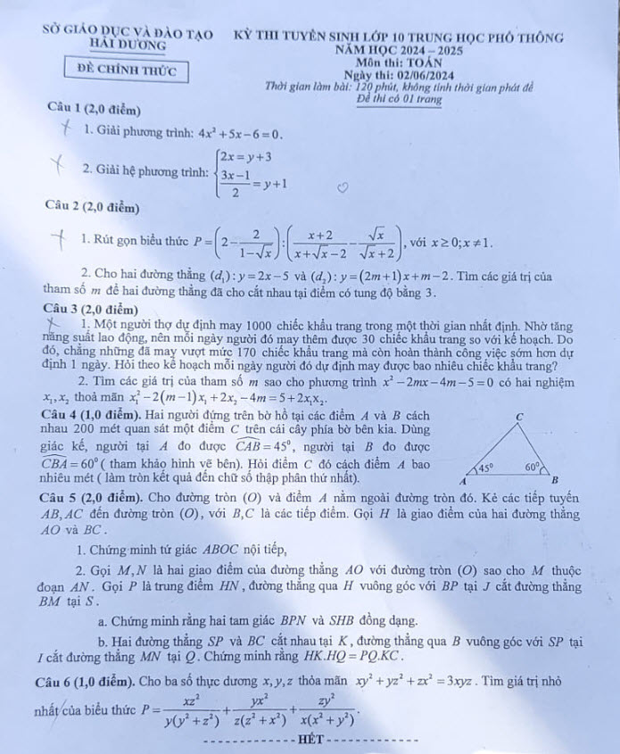 đề thi vào 10 môn Toán tỉnh Hải Dương năm 2024