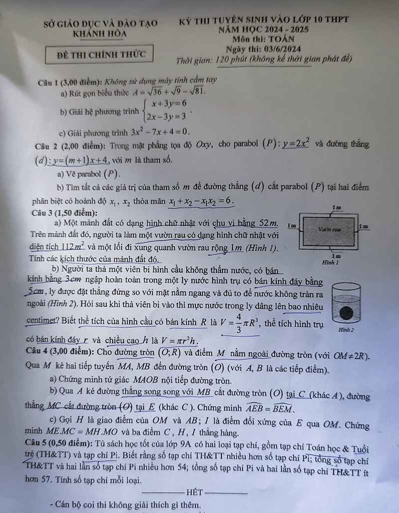Đáp án đề thi vào lớp 10 môn toán tỉnh Khánh Hoà 2024