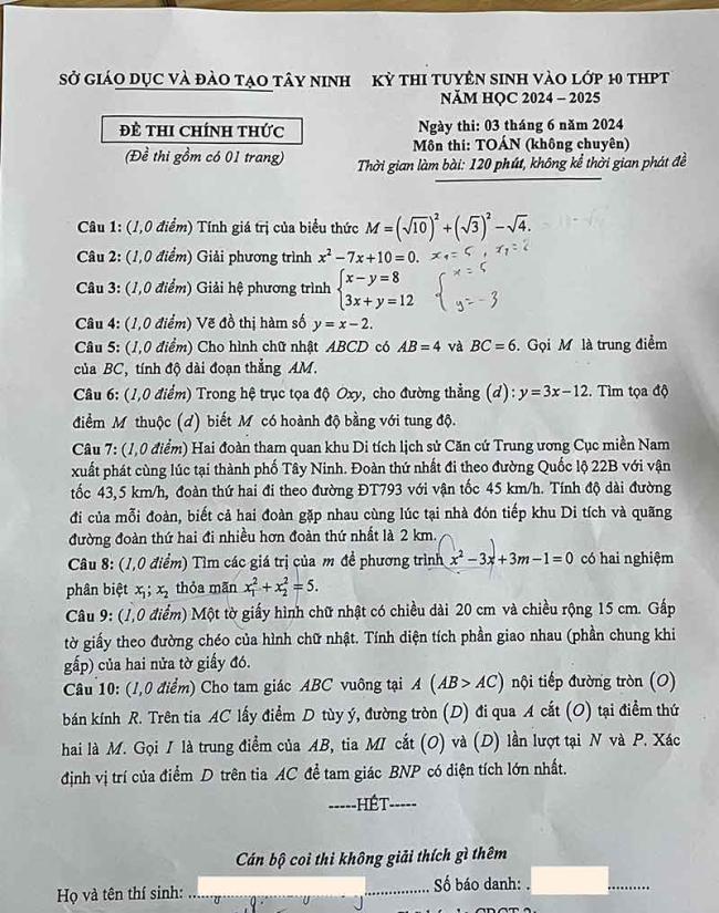 Đáp án đề thi tuyển sinh lớp 10 môn toán Tây Ninh 2024