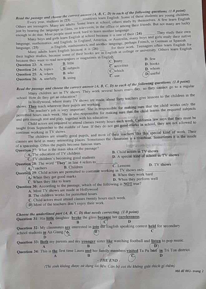 đề thi vào lớp 10 môn Anh An Giang 2024 - 2025 mã 001 trang 2
