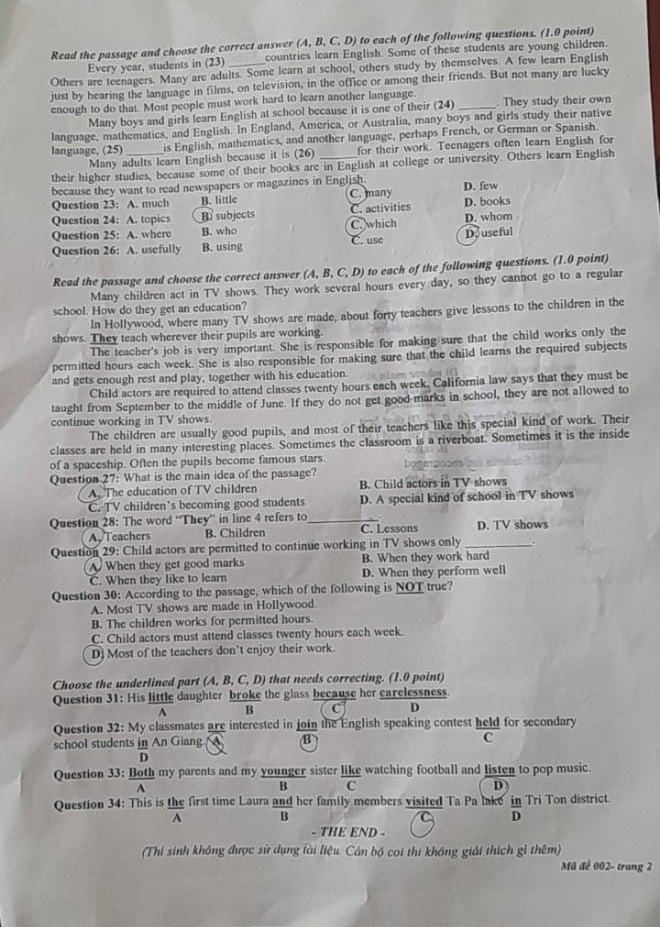 đề thi vào lớp 10 môn Anh An Giang 2024 - 2025 mã 002 trang 2