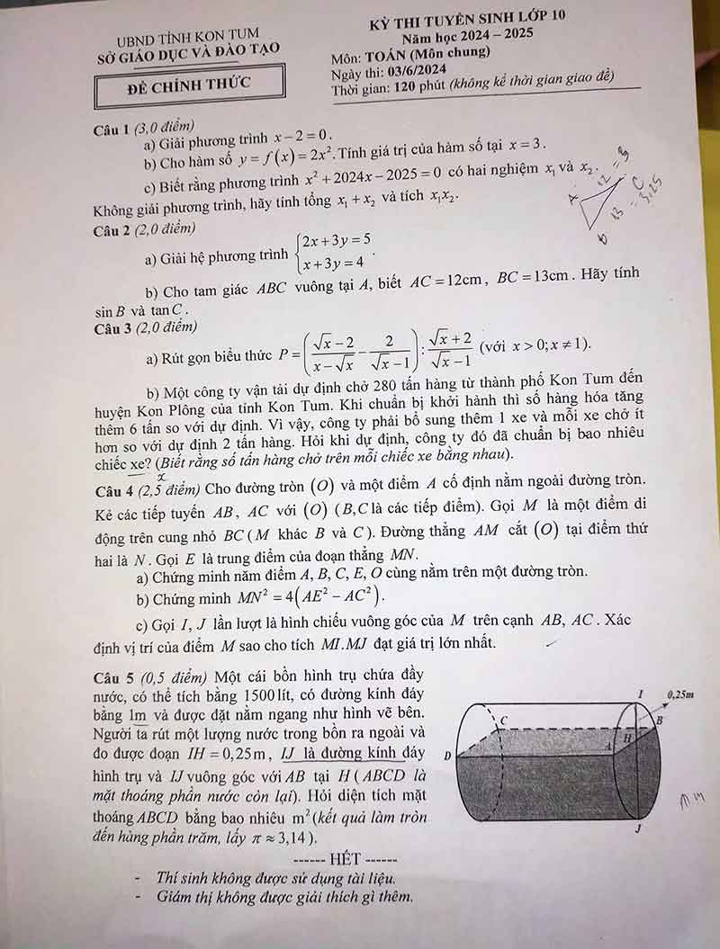 Đáp án đề thi tuyển sinh lớp 10 môn Toán Kon Tum 2024