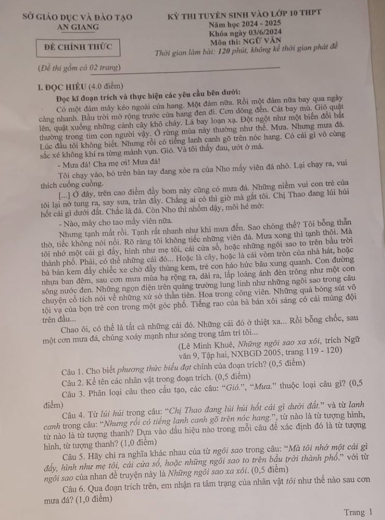 đề thi vào lớp 10 môn Văn An Giang 2024 ảnh 1