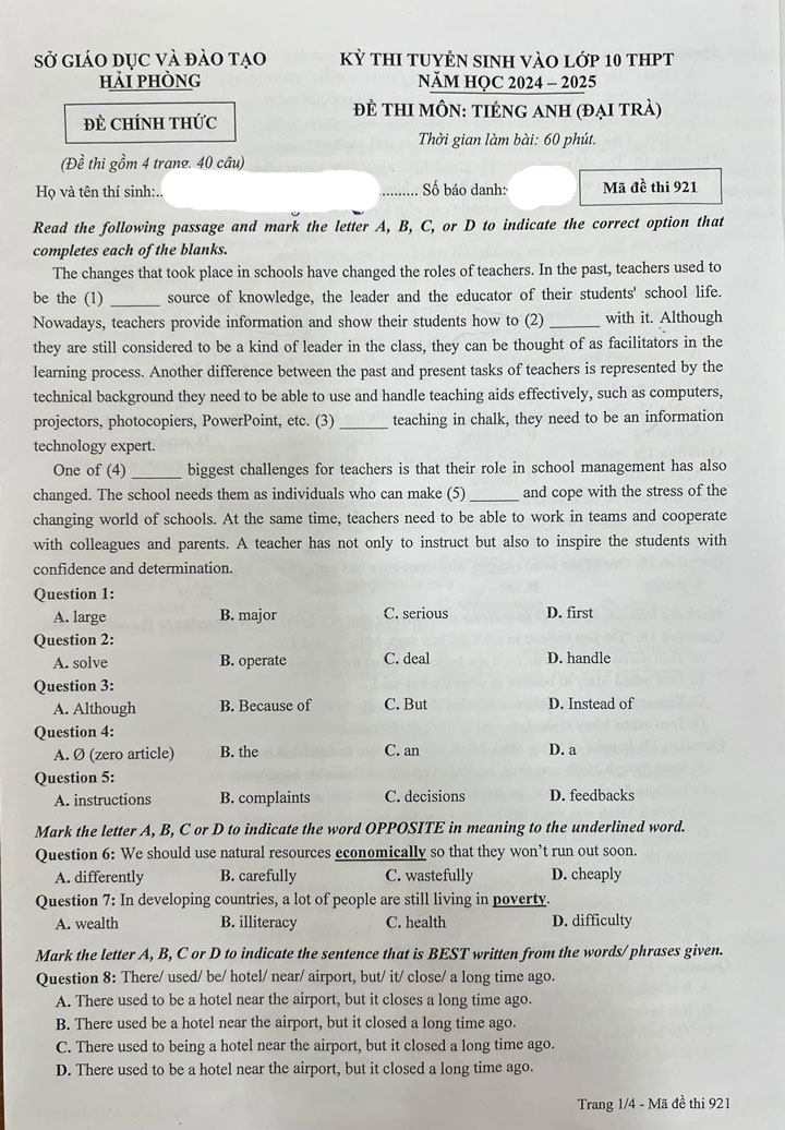 Đề thi Tiếng Anh vào 10 Hải Phòng 2024 trang 1