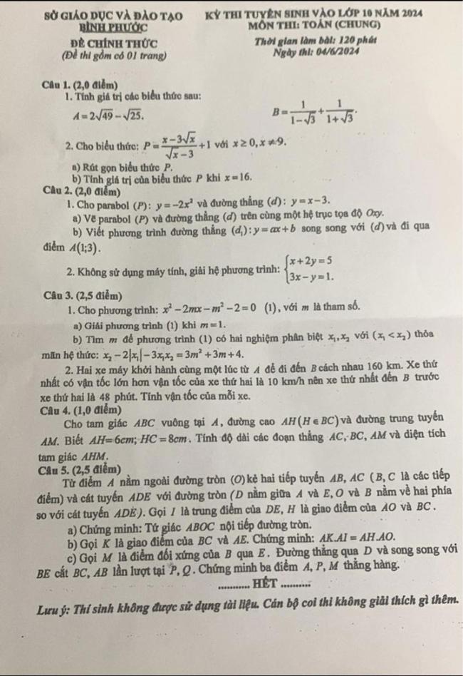 Đề thi vào lớp 10 môn Toán Bình Phước 2024