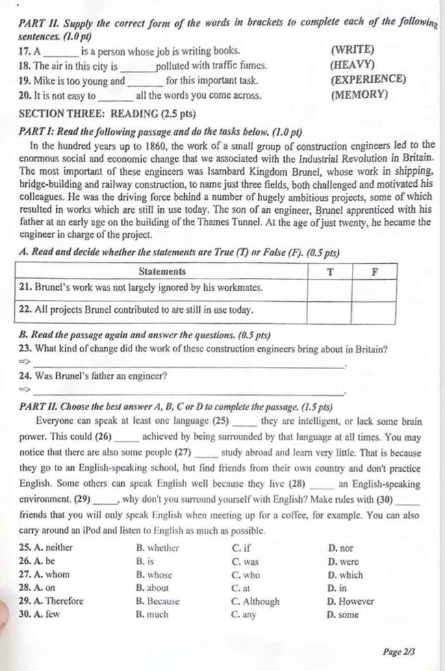 Đáp án đề thi vào 10 môn tiếng Anh Quảng Nam 2024 2
