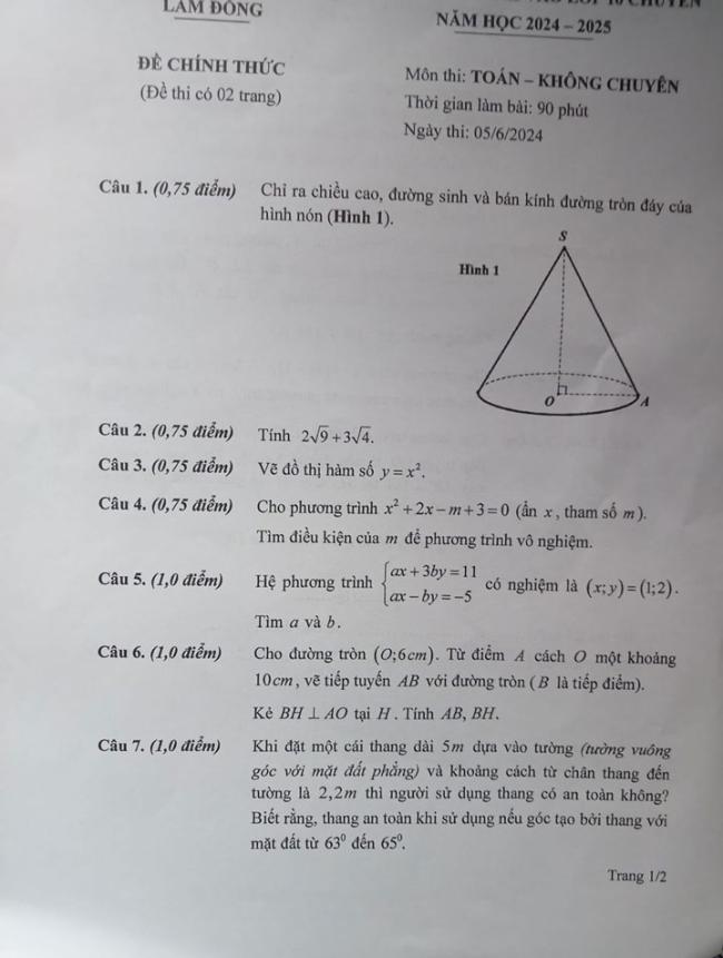 Đề thi vào 10 môn Toán 2024 Lâm Đồng trang 1