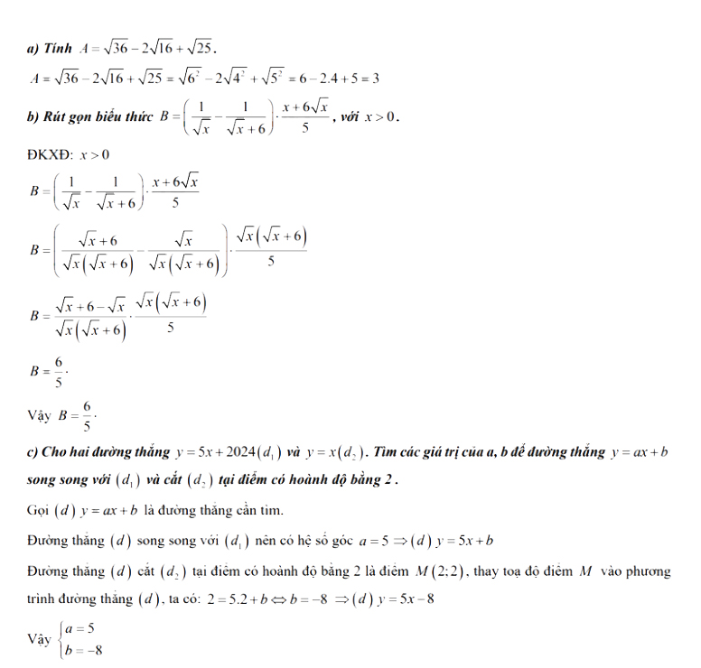 Đáp án đề thi vào lớp 10 môn Toán tỉnh Nghệ An 2024 câu 1