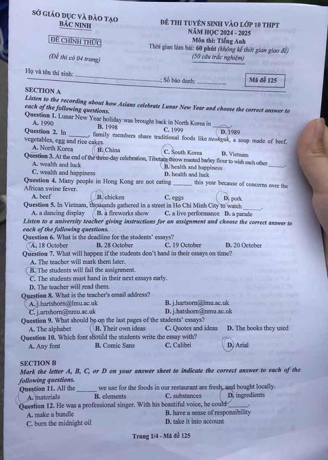 Đáp án đề thi tuyển sinh lớp 10 môn Anh Bắc Ninh 2024 1
