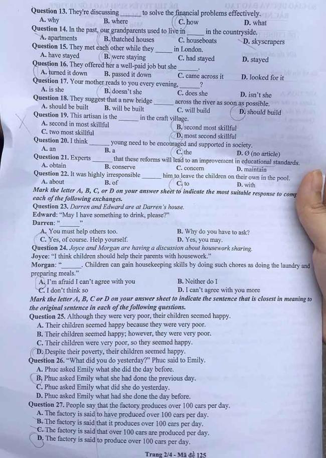 Đáp án đề thi tuyển sinh lớp 10 môn Anh Bắc Ninh 2024 2