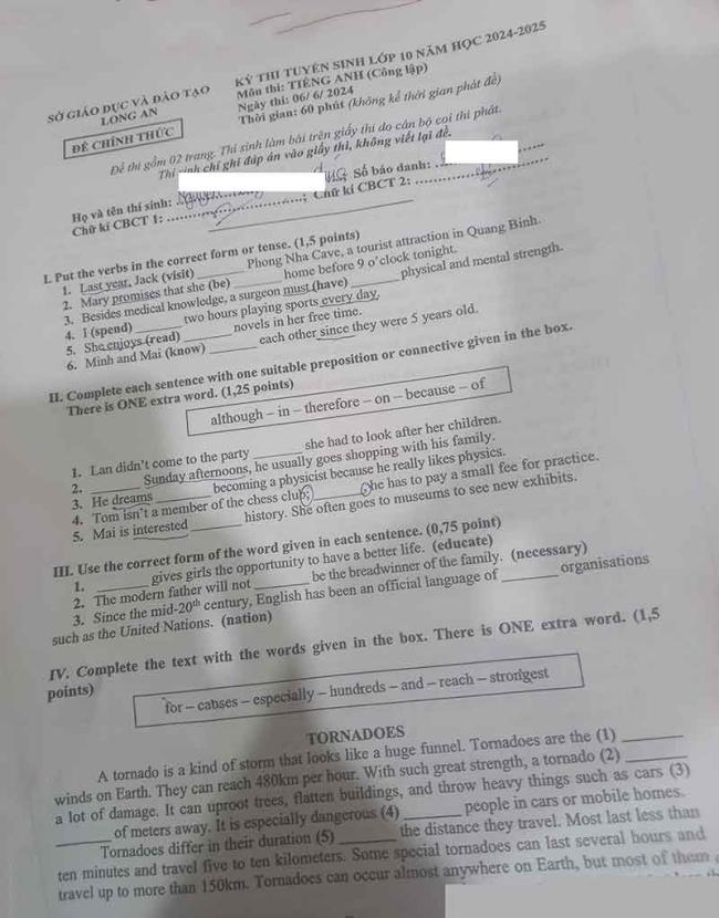 Đáp án đề thi tuyển sinh lớp 10 môn Anh tỉnh Long An 2024 1