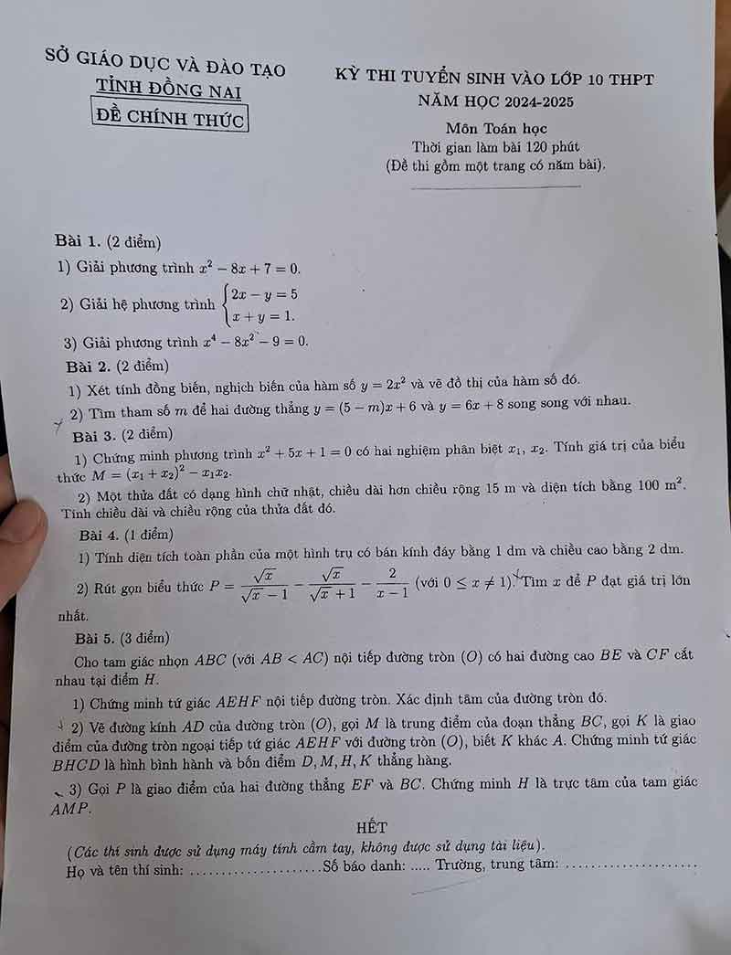 Đáp án đề thi tuyển sinh lớp 10 môn toán Đồng Nai 2024