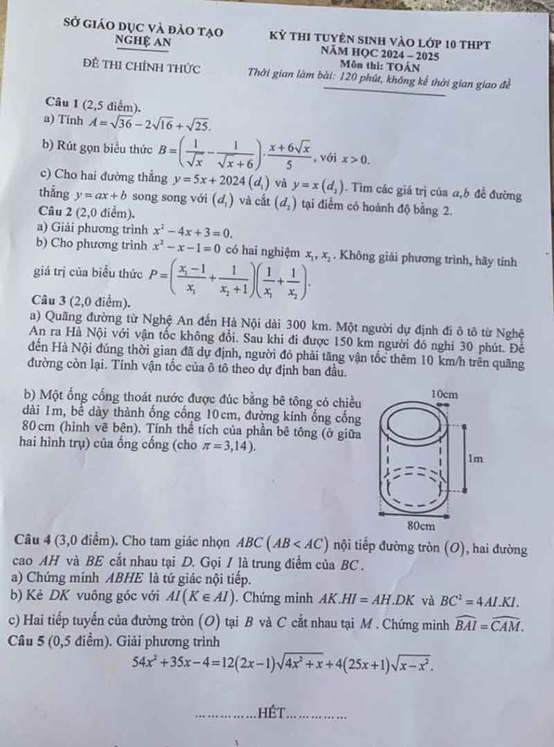 Đáp án đề thi vào lớp 10 môn Toán tỉnh Nghệ An 2024